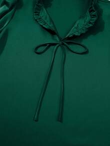 Acelitt 女士黑绿纯色V领荷叶边蝴蝶结装饰七分袖衬衫，优雅百搭，适合春秋季穿着 - 綠色 - 查看 7