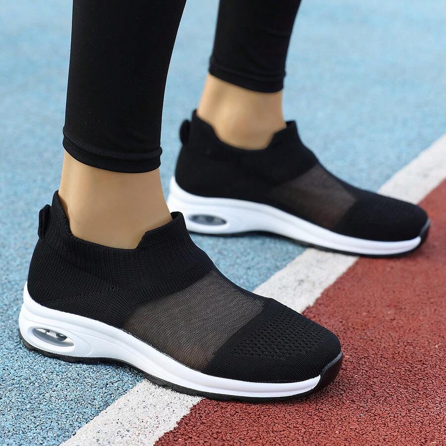 Women's Outdoor Casual Shoes, PU Soft Bottom Air Cushion Sneakers, One-Piece Breathable Mesh Upper, Comfortable Lightweight Outdoor Sports Running Training Shoes, Casual Dress Shoes, Campus Style Walking Shoes, Spring/Autumn - Black - View 1