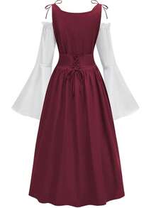 文艺复兴时期中世纪女式吊带露肩喇叭袖连衣裙，适合角色扮演活动和主题派对，面料略有弹性。