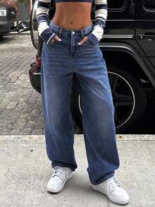 女士复古宽松高腰直筒牛仔裤