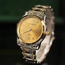 1pc CILOA Business Wrist Watch, Gold-Tone Metal Band + Roman Numeral Dial With Diamonds, Men's Quartz Watch For Casual & Daily Wear