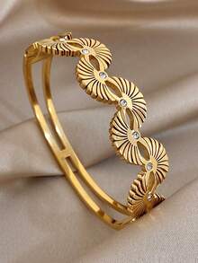 Conjunto de Pulseiras Bangle de Aço Inoxidável Folheado a Ouro 18K com Corte Geométrico, Borboleta e Leque de Zircônia, Estilo Vintage Retrô, para Mulheres, Dia dos Namorados, Festa, Gala, Uso Diário, Carnaval, Ano Novo, Casamento, Praia, Aniversário, Presente Elegante para Mãe, Joias Boho, Presente para Dama de Honra - Multicolorido - Visão 7