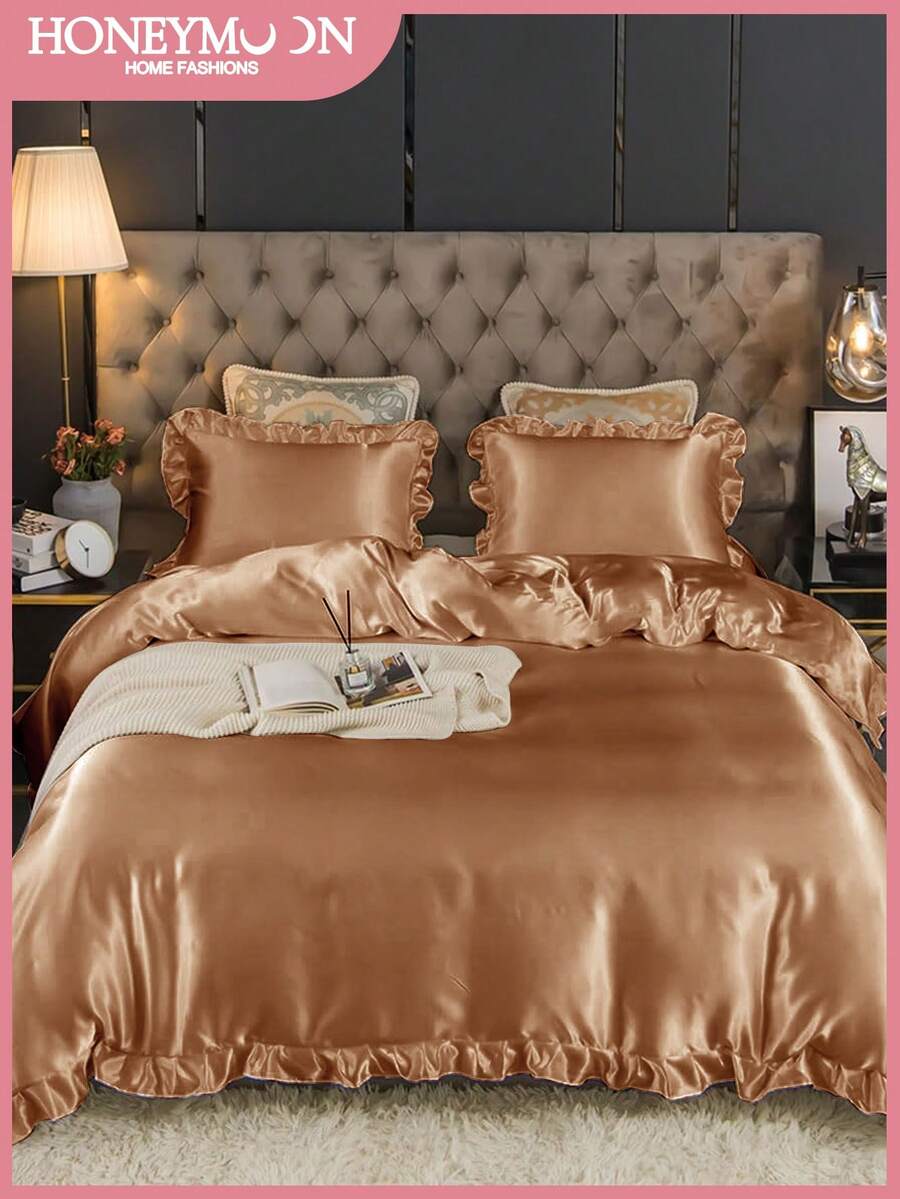 2/3pcs Luxury Satin Ruffle Duvet Cover Set, Includes 1pc Duvet Cover And 1/2pcs Pillow Shams, Luxurious Silk-Like Material, Soft & Breathable, Fits Twin, Full, Queen, King Beds, Machine Washable, Oeko-Tex Certified - Coral Orange - View 1