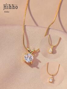 Hihho 1pc Minimalist Fashion Single Zirconia Pendant Necklace, Stainless Steel Snake Chain Gold-Tone Delicate Necklace For Women - Yellow Gold - View 4