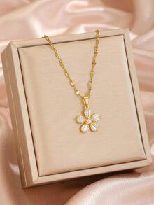 1pc Exquisite Sparkling Full Rhinestone 5-Petal Flower Pendant Necklace, Suitable For Girls To Attend Parties And Banquets, A Charming Jewelry Accessory For Everyday Wear, Also An Ideal Birthday Gift For Children - Gold - View 3