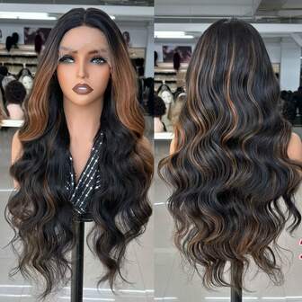 13*6瑞士蕾丝前假发，中/小卷发，28英寸中长发，无需胶水，预先拔毛，带婴儿发，中分，可染色，适合日常佩戴和派对，高温丝合成蕾丝前假发，全头套，女士款