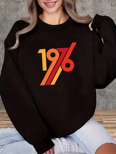 1976 Pattern Print Fleece-Lined Crew Neck Sweatshirt, Women's Fleece-Lined Crew Neck Sweatshirt, Casual Sports Crew Neck Sweatshirt, Comfortable, Fleece-Lined For Warmth, Easy Care, Women's Sports Pullover Crew Neck Sweatshirt, Winter Clothes For Women
