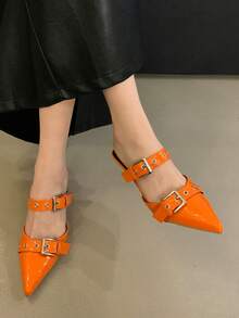 Women's Pointed Toe Mule Slip-On Shoes, Silver High Heel Backless Slides - Orange - View 5