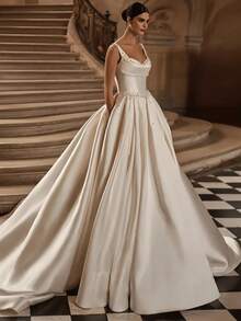 Luxury Pearl Bridal Gown With Train, Exquisite Princess Ball Gown Wedding Dress For Elegant Brides, With Straps, Full Skirt, Suitable For Wedding, Dating, Party, Singles' Party, Vacation, Bride, Formal Occasions, Dinner Dress, Prom Dress, Homecoming Dress, Cocktail Party, Bridal Gown, Wedding Dresses For Bride - 白色 - 查看 4