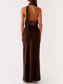 Women Scarf Maxi Dress Silk Halter Neck Tie Up Backless Bodycon Dress Cowl Back Draped Party Wedding Guest Cocktail Dresses With Neck Scarf - 棕色 - 查看 2