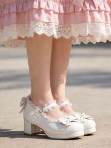 Women Kawaii Block Heel Mary Janes Pumps With Bow Platform Dress Pumps Chunky Heel Cute Lace Sweet Party Shoes For Girls Students Lolita Style Mid Heel Shoes - 白色 - 查看 5