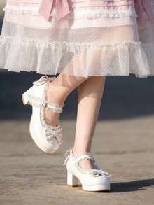 Women Kawaii Block Heel Mary Janes Pumps With Bow Platform Dress Pumps Chunky Heel Cute Lace Sweet Party Shoes For Girls Students Lolita Style Mid Heel Shoes - 白色 - 查看 3