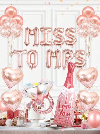 25pcs Bride-To-Be Party Decoration Set, Includes "Miss To Mrs" Banner, Wine Bottle, Diamond Ring, Heart Foil Balloons, Rose Gold Glitter Latex Balloons, Suitable For Bridal Shower, Bachelorette Party, Engagement Party, Wedding Theme Party, Bachelorette