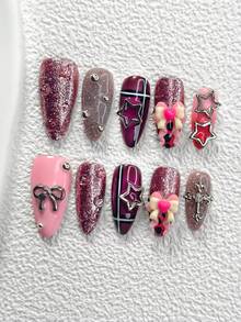 10pcs Y2K Style Gel Nail Art Set, Acrylic Press-On Nails, Silver Bow, Hollow Star, Cross, Pink Mixed Bow Nail Decor, Shiny Silver & Purple Design, Black & White Striped Nail Decoration, Purple, Pink, Red Nail Polish, Nail Tools Included Nail Supplies Handmade Press On Nails - Nhiều màu - Xem 3
