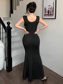 abyoxi 女款黑色蝴蝶結細肩帶修身魚尾長洋裝，性感甜美優雅時尚浪漫，適合約會、派對、正式晚宴、新年、情人節，夏季修身魚尾長洋裝 - 黑色 - 查看 2