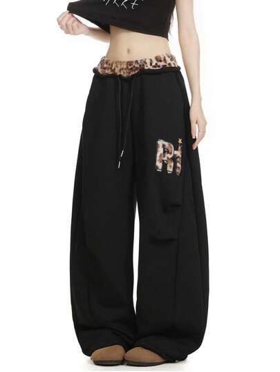 复古宽松褶裥豹纹拼接喇叭爵士舞休闲裤，女士黑色春季款