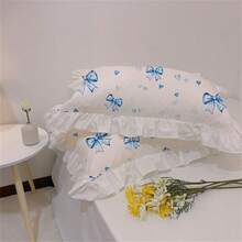 2pcs Set Fresh Floral Ruffle Solid Color Pillowcase, Breathable & Soft, Machine Washable, Suitable For All Seasons, Princess Style Minimalist Floral Pillowcase (Pillow Insert Not Included), Soft & Skin-Friendly For Student Dorm, Bedroom, Hotel - Blue and White - View 5