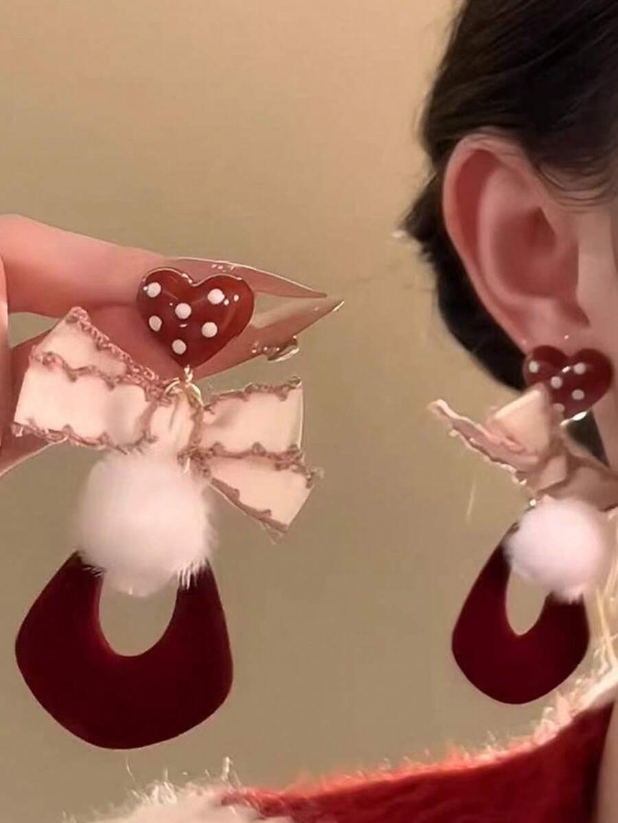 2件套时尚个性化绒球蝴蝶结心形金属布艺吊坠耳环，适合女性日常、派对、节日、约会佩戴，也是情人节礼物、日常礼物和珠宝礼品的理想之选。 - 紅色 - 查看 1