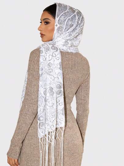 1pc Heavily Embroidered, Beaded & Fringed Scarf, Elegant Party Headscarf, Fashion Versatile Shawl