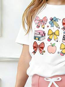 Bộ trang phục thường ngày cho bé gái tuổi teen: áo thun ngắn tay in nơ và quần ống loe. - trắng - Xem 3