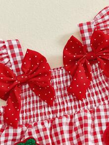 Conjunto de 2 piezas de camiseta sin mangas y pantalones cortos con volantes, lazos a cuadros bordados con fresas para niña pequeña, ropa de diario informal bonita, ideal para niñas de 6 meses a 4 años. - Rojo - Ver 9