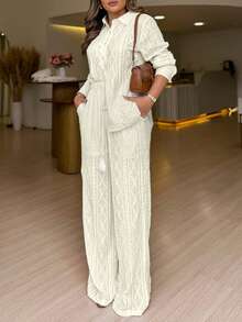 ANCHOSE Bộ áo sơ mi và quần ống rộng màu mơ thanh lịch dành cho nữ - Vải dệt jacquard, kiểu dáng thường ngày, phù hợp cho công sở/hẹn hò, mùa xuân. - Màu be - Xem 10