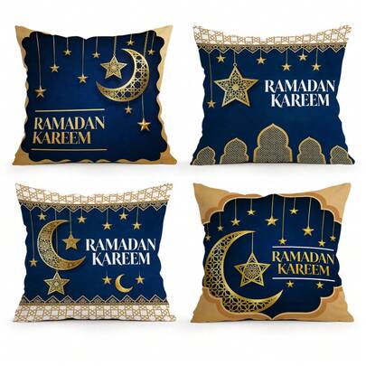 4pcs Eid Mubarak Themed Blue & Gold Color Printed Pillow Covers, Single-Sided Decorative Pillow Shams Suitable For Living Room, Bedroom, Home Decor, Eid Blessing All Season - Pillow Insert Not Included