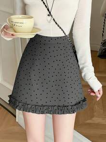 黑色波点荷叶边半身裙，A字型裹身裙，女款，春夏 - 深灰色 - 查看 4