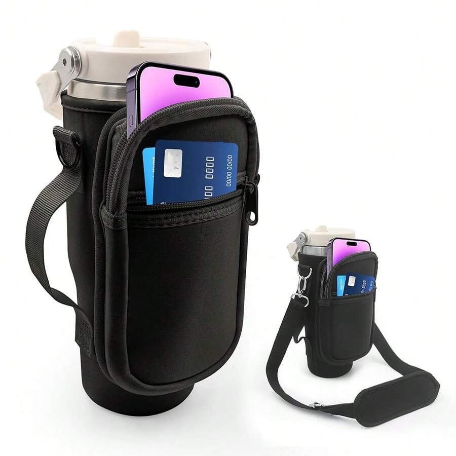 For Iceflow Flip Straw Tumbler 30 Oz, Water Bottle Cup Holder Cover Carrier Sling Bag With Strap, Pouch Pocket For Phone / Accessories, Add Handle For Flip Straw, Neoprene (Black) - 黑色-30盎司 - 查看 1