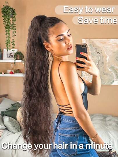 Culry马尾接发，36英寸长，轻盈蓬松，自然卷曲，抽绳设计，多层柔软夹式接发，女士假发片。