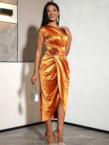 Women Elegant Brown Satin One Shoulder Fitted Dress With 3D Flower Asymmetrical Crossed Hem Dresses Wedding Guest Formal Occasions - Brown - View 6