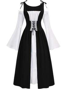 Renaissance Medieval Costume Dress Women's Spaghetti Strap Cold Shoulder Bell Sleeve Gown For Cosplay Events And Themed Parties Slight Stretch Fabric