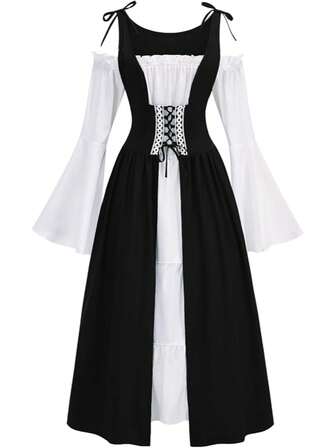 Renaissance Medieval Costume Dress Women's Spaghetti Strap Cold Shoulder Bell Sleeve Gown For Cosplay Events And Themed Parties Slight Stretch Fabric