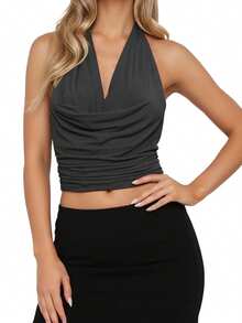Women Cowl Neck Halter Tops Draped Front Low Cut Backless Tank Top Ruched Open Back Going Out Crop Tops - Dark Grey - View 5