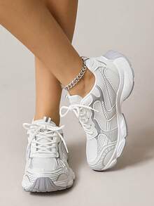 1 Pair Women's New Thick Sole Sneakers, All Season, Gray Mesh Flat Casual Shoes, Retro Lace-Up Fashion Round Toe Chunky Sneakers - White - View 3