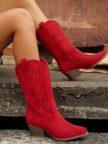 Women's Suede Embroidered Western Ankle Boots With Block Heel - 紅色 - 查看 4