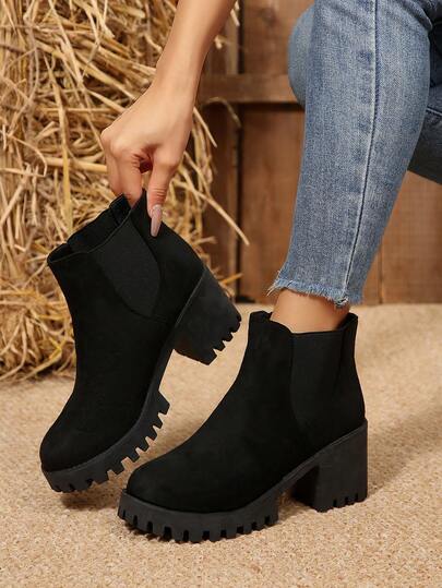 Women's Ankle Boots, Pointed Toe, Inner Zipper, Chunky Heel, Solid Color Design, Simple Style, Casual And Comfortable, Elegant And Unique, Denim Style, Suitable For Daily Commuting, Shipped From Local Warehouse.