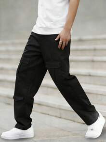 1 pieza Pantalones cargo informales con bolsillo grande de estilo hip hop para niños preadolescentes - Negro - Ver 3