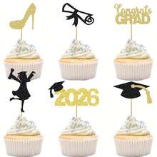 12/24pcs 2025 Graduation Theme Cupcake Toppers, Glitter Design, Class Of 2025, Congrats Grad, Suitable For 2025 Graduation Theme Birthday Party Supplies - Multicolor - View 2