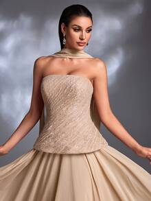 裸色蕾丝褶皱无肩带薄纱披肩系带雪纺长裙优雅晚礼服 - 杏色 - 查看 6