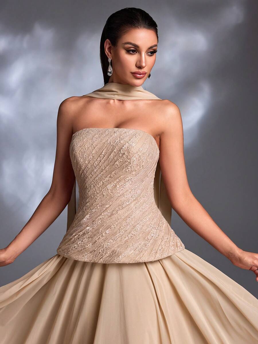A Nude Lace Ruched Strapless Tulle Shawl Lace-Up Chiffon Maxi Skirt Elegant Evening Gown - Apricot - View 1