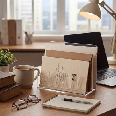 Acrylic Mail Organizer, Desktop Mail Sorter, Letter Holder, Desk Organizer, Suitable For Home, Office, Kitchen Counter, Black Mail Organizer