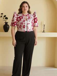 Amyenjoylife Nowoczesny top Filipiniana, Filipiniana Plus Size, Filipiniana z rękawami motylkowymi, Elegancki damski kardigan z kwiatowym wzorem i bufiastymi rękawami, Boże Narodzenie, Czerwony top - Czerwony - Zobacz 3