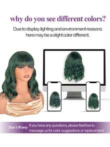 Heat Resistant 14 Inch Synthetic Soft Curly Wavy Wig With Bangs For Girls Women Black And White Shoulder Length High Quality Short Wavy Curly Bob Wig Full Bang Wig Cosplay Party Use Holiday Spring Valentine's Day Available Day Green Wig St. Patrick's - 墨綠色 - 查看 5