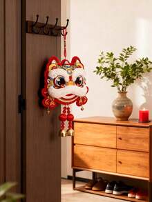1 Pack, 2026 New Year Traditional Chinese Lion Dance Hanging Decoration - Festive Red And Golden Wall/Door Bell With Bell, Feather And Ribbon, Polyester Fiber, Ideal For Living Rooms And Celebrations, Lion Wall Decor, Home Must-Have Choice - View 4