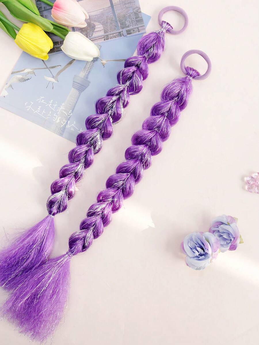 Fluffy Purple Heart-Shaped Braided Wig, Cute Sweet Shiny Fiber Braided Wig, Versatile Braided Wig Hair Scrunchie, Spring/Summer - Purple - View 1