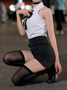 1件套Reisauce角色扮演服装，白色无袖衬衫，黑色短裤，带项圈，学生JK制服套装，动漫服装，舞台表演服装 - 白黑色 - 查看 17