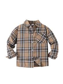 Áo sơ mi kẻ caro kiểu retro cho bé trai, áo cardigan dài tay thời trang thường ngày, thích hợp cho mùa xuân, phù hợp với bé trai tuổi thiếu niên. - Màu Khaki - Xem 3