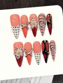 10pcs Sweet Pop Art Handmade Acrylic Press On Nails, Nude Pink & Red-Black With Polka Dot & Metal Decor Fake Nails, Long Stiletto False Nails, DIY Nail Art Supplies, Reusable, With Jelly Glue And Nail File, Suitable For Daily Wear, Valentine's Day Nails - Multicolor - View 1