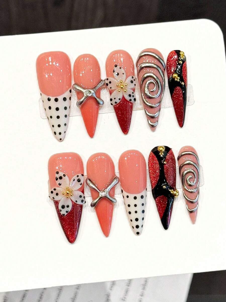 10pcs Sweet Pop Art Handmade Acrylic Press On Nails, Nude Pink & Red-Black With Polka Dot & Metal Decor Fake Nails, Long Stiletto False Nails, DIY Nail Art Supplies, Reusable, With Jelly Glue And Nail File, Suitable For Daily Wear, Valentine's Day Nails - Multicolor - View 1